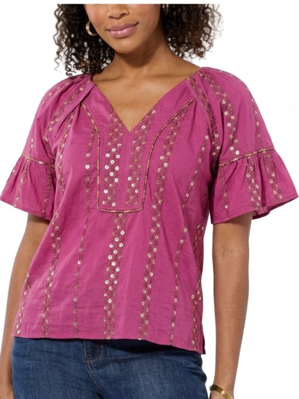 Democracy Women's Woven Bubble-Sleeve Sequin Top Smokey Plum PXL NWT